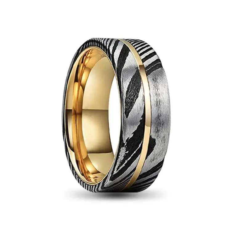 Gold Tungsten Carbide Ring with Damascus Outer