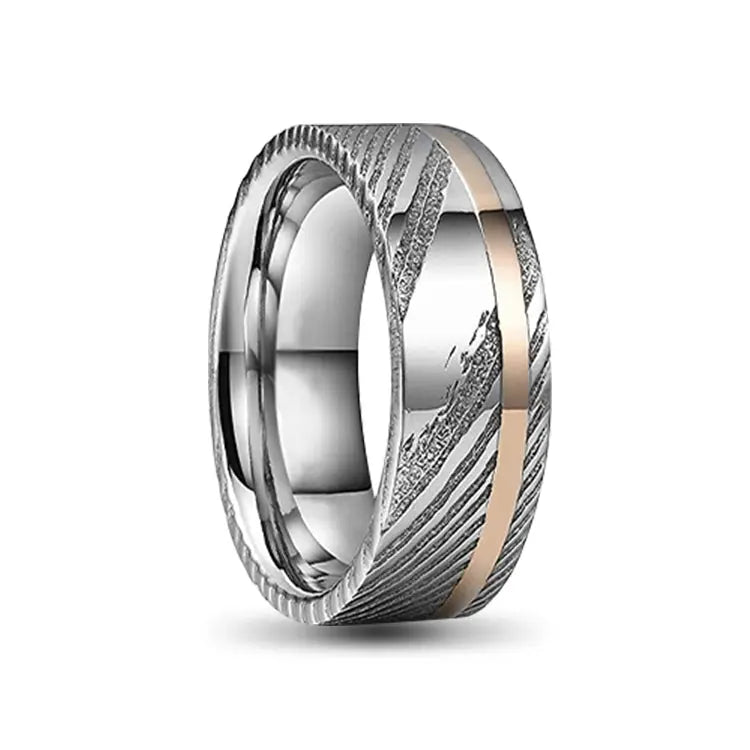 Silver Damascus Steel Ring with Rose Gold Stainless Steel Inlay