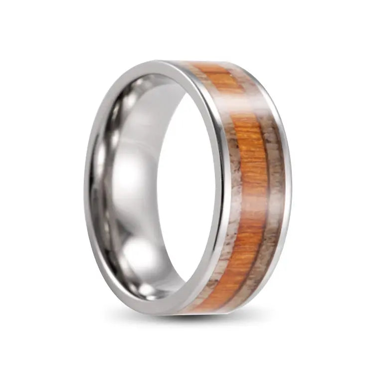 Silver Flat Band Titanium Ring With Wood inlay in between Antler Inlays on Outer