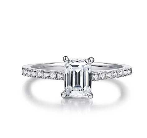 Sterling Silver Ring With Emerald Cut Moissanite and Zirconia stones on band