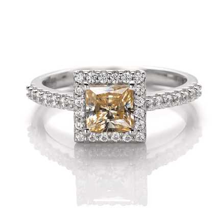 Sterling Silver Ring With Princess Cut Champagne Moissanite and Zirconia Stones on Band\