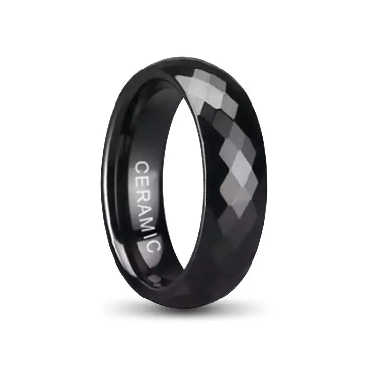 Black Ceramic Ring With Multi-Faceted Outer