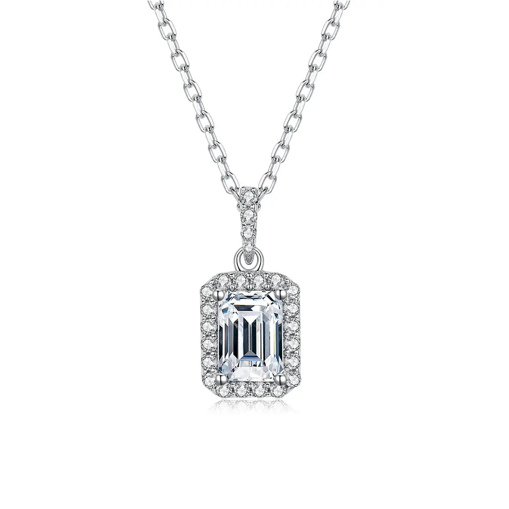 Sterling Silver Necklace With Emerald Cut Moissanite Stone Set in Halo With Zirconia Stones